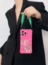 ダスティピンクの南瓜デザイン携帯電話ケース【角穴あけ対応・斜め掛けストラップ付き】
