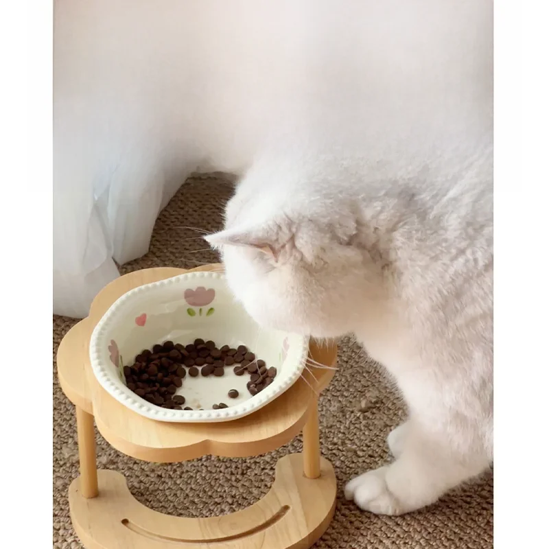 ペット用 陶器製 高脚木製スタンド付き食器【猫用・犬用・安定性・首を守るデザイン・お手入れ簡単】