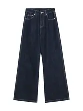 レトロ深いブルーのストレートワイドデニムパンツ【ハイウエスト・秋冬用・小柄サイズ】