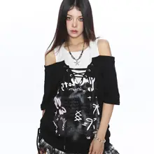 涼しげでスタイリッシュ！ドロップショルダーのカジュアルTシャツ【グラフィックプリント・リボン付き・夏用】（セットアップ対応）