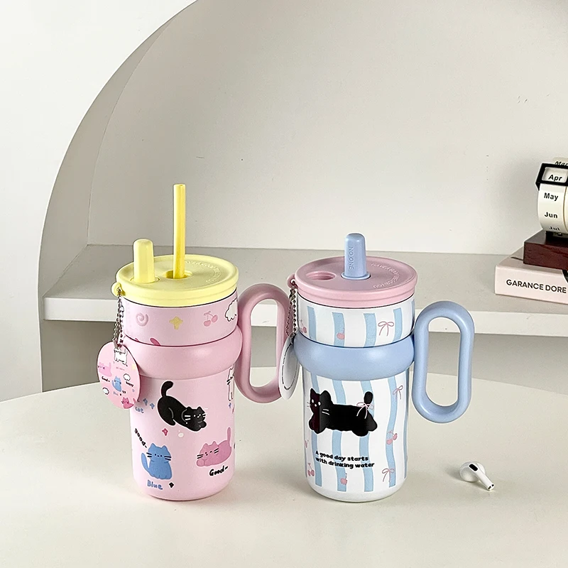 ストロー付き水筒 540ml 316ステンレス カートンデザインの子供向け保温カップ