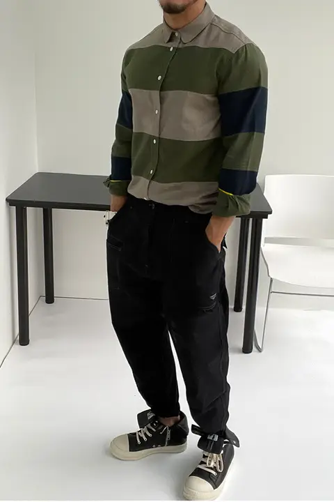 コットンリネンストライプ長袖シャツ【フィット感・おしゃれなカラーコンビネーション】