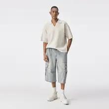 水洗い加工のデニムショートパンツ【メンズ・夏用・ルーズフィット・ワークスタイル】（セットアップ対応）