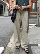ストライプ ワイドパンツ 女性 ハイウエスト ドローストリング ゴムウエスト ルーズ カジュアルパンツ