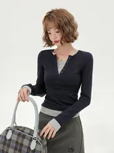 長袖Tシャツ レディース フェイクレイヤード シンプル アメリカン風 タイト インナー 秋「Girlyhalo」