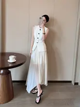 白色のラウンドネックベルト付きスーツベスト【女性用・フィット・ファッショナブル】（セットアップ対応）