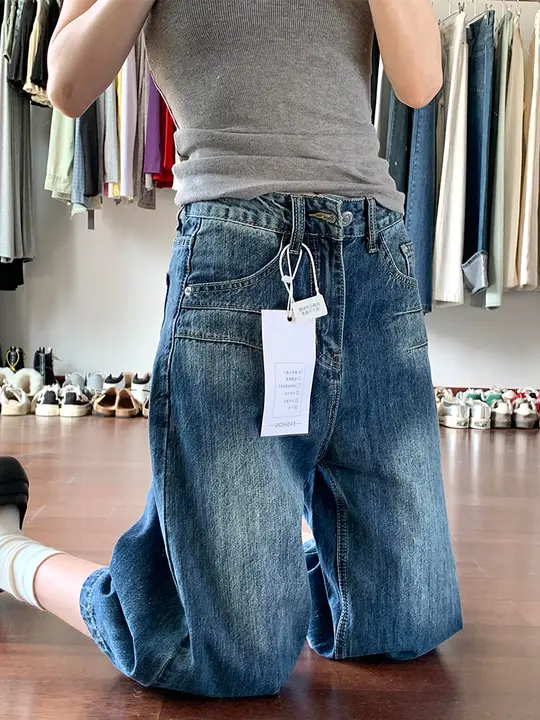 アメリカンヴィンテージ風 七分丈ワイドレッグデニムパンツ【高腰・フィット・女性用】（セットアップ対応）