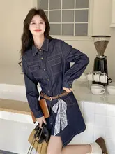トリコロールデザインのウエストマークデニムミニドレス【春秋用・おしゃれなリボン付き】（セットアップ対応）