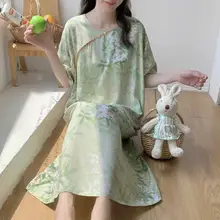 夏用プリント綿シルクネグリジェ【ストライプ・フィット・ミディアム丈・国風】