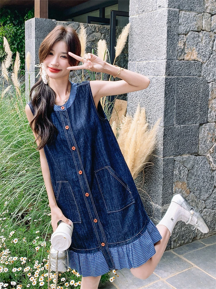 160cmの女の子に合う夏用服は、フレンチスタイルのチェックデニムワンピースがベスト？