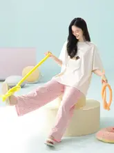 快適な着心地！夏用綿100%パジャマ【短袖・ロングパンツ・可愛いデザイン】（セットアップ対応）