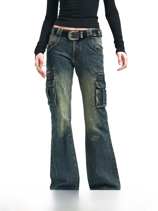 アメリカンビンテージ風ワイドレッグカーゴパンツ【おしゃれなダメージポケット・秋用】