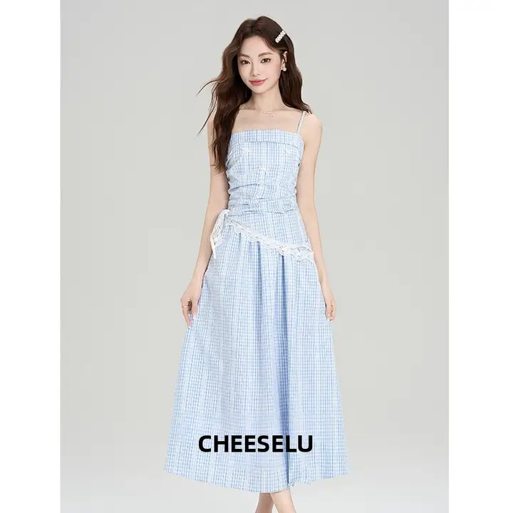 優雅なデザイン！チェック柄マーメイドドレス【肩紐付き・リゾートスタイル】（セットアップ対応）