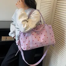 トートバッグ レディース 帆布 いちご柄 大容量 手提げ ショルダー 着回し 旅行 ジム 収納