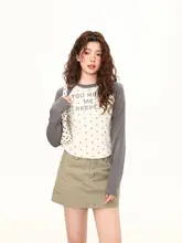 水玉模様の長袖Tシャツ【春用・ウエストフィット・カラーブロックデザイン】