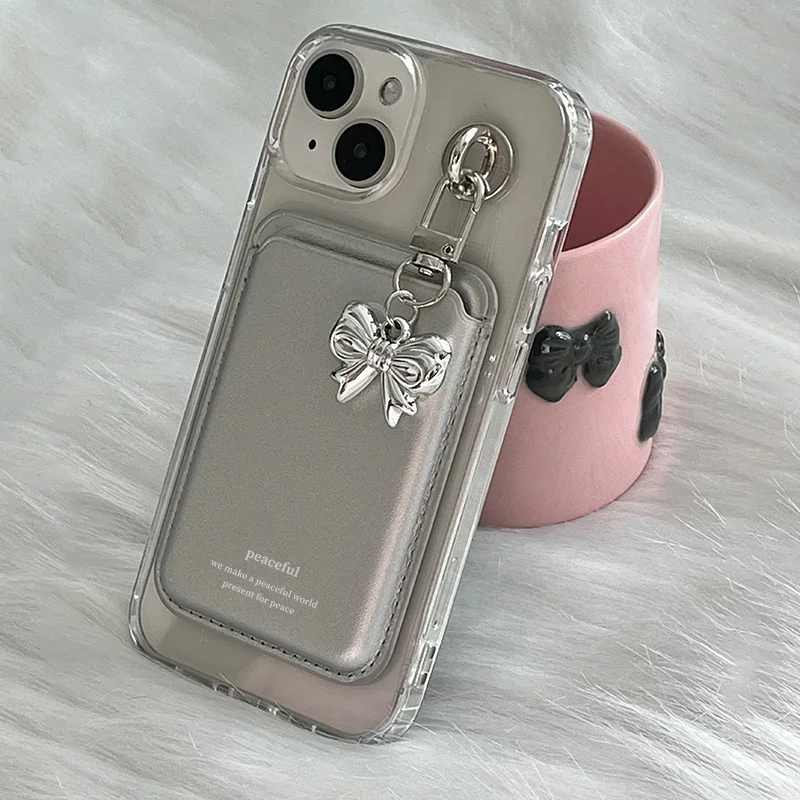 Y2Kスタイル 銀色リボン付きマグセーフ磁気スマホケース【レザー製カードポケット付き・iPhone対応】