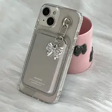 Y2Kスタイル 銀色リボン付きマグセーフ磁気スマホケース【レザー製カードポケット付き・iPhone対応】