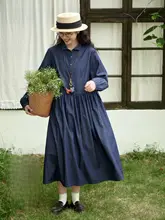 純棉の翻領デニムワンピース【レトロ風・春用・中丈・ブルー】