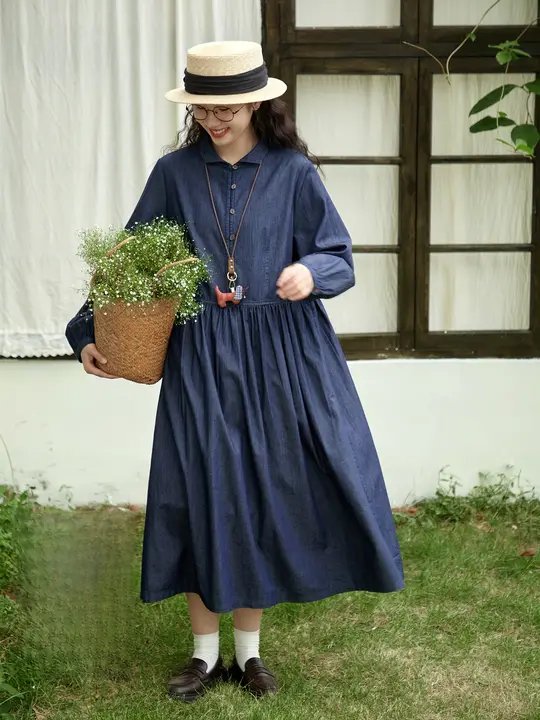 純棉の翻領デニムワンピース【レトロ風・春用・中丈・ブルー】
