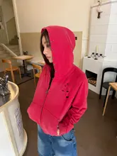 水洗い加工のビーズ付きフード付きカーディガン【春用・アメリカンスタイル・ゆったりシルエット】