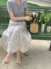 夏用 高腰Aラインスカート【フラワープリント・柔らかな風合い・中長丈】