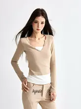 春季カジュアルレイヤード風デザインの長袖Tシャツ【ウエストシェイプ・コントラストカラー】（セットアップ対応）