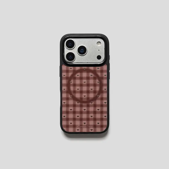 スマホケース iPhone 17 Pro 16 15 14 対応 マグネット ヴィンテージ チェック柄 ミニハート ブラック マットフレーム フルカバー ストラップホール付き 高級感