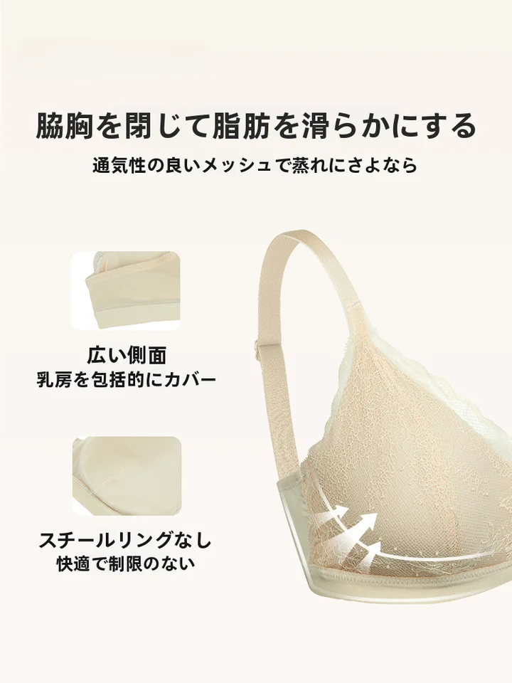 透気性のあるレースブラジャー【大きい胸を美しく見せる・快適で防下垂・メッシュ仕様】