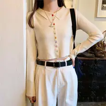 お洒落なオートミールカラーのニットトップス【高腰・クロップド・翻領デザイン】