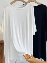 モダール混の中長丈カットソー【短袖・スリットデザイン・ゆったりシルエット・体型カバー効果】