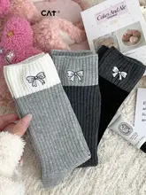 リボンデザイン中筒ソックス【秋冬用・グレー・純綿】