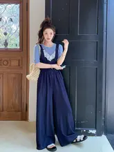 した雰囲気のレース切替サロペットパンツ【夏用・大きめシルエット・女性用】（セットアップ対応）