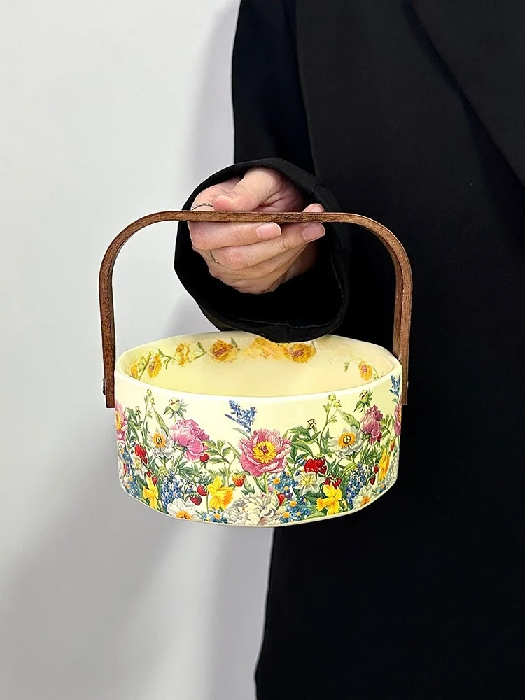 美しい花柄の陶器製手提げフルーツバスケット：ヴィンテージ風の家庭・飾り用途に最適