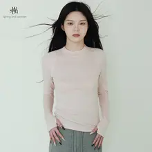 半高めのネックデザインの女性用天絲羊毛長袖Tシャツ【春夏用・ピンク・カジュアル】（セットアップ対応）