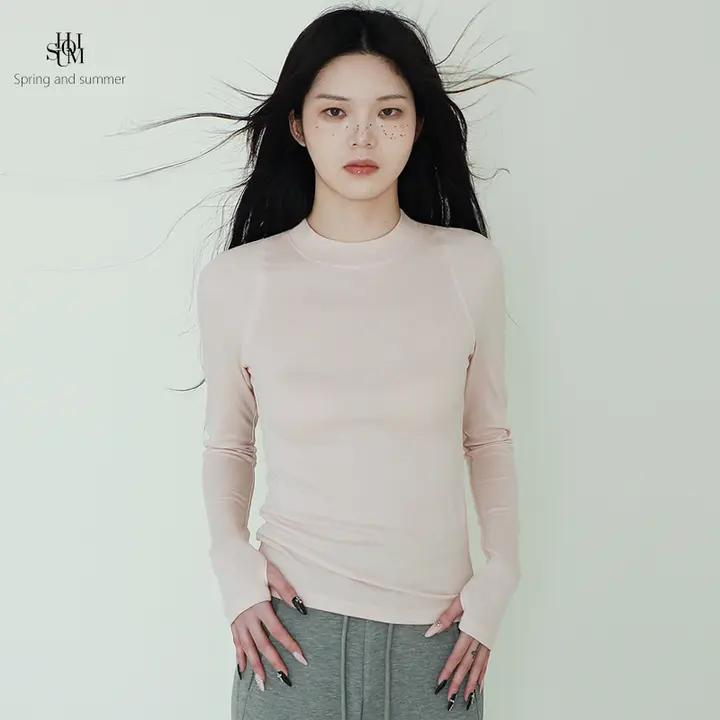 半高めのネックデザインの女性用天絲羊毛長袖Tシャツ【春夏用・ピンク・カジュアル】（セットアップ対応）