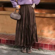 レトロブラウンのプリーツスカート【高腰・Aライン・ミディ丈・女性用】（セットアップ対応）