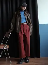 レディース 秋用ハイウエスト カジュアルワイドパンツ【レトロスタイル・ストレートシルエット・赤色】（セットアップ対応）