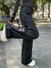 肌理感のあるブラックデニムパンツ【女性用・ハイウエスト・ワイドレッグ・フィット】（セットアップ対応  ）