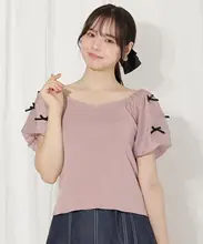 甘いリボン付きパフスリーブニットトップス【夏用・女性用】
