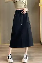 全棉工装半身スカート【高腰・アメリカンスタイル・中丈・包臀デザイン】