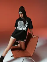 レース猫プリント半袖Tシャツ【ルーズフィット・カジュアル・ペアルック対応】