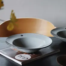 フランス風クラシック グレー陶器のブラックエッジ草帽プレート【クリームマッシュルームスーププレート・パスタプレート・深皿】
