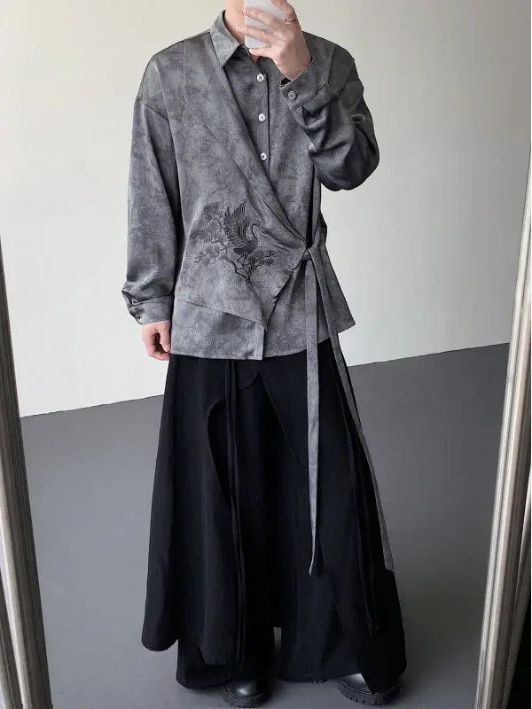中華風デザイン 鶴刺繍のシルクシャツ：長袖ルーズフィットで夏の涼感を実現