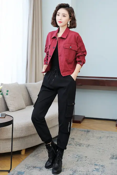 酒紅色のショートデニムジャケット【ゆったりシルエット・長袖・工場風】