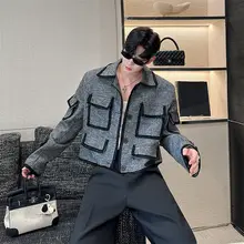 多ポケットデザインの男性向けショートジャケット【ヴィンテージ風・ファッショナブル・春用】（セットアップ対応）