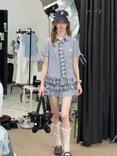 花柄ヘムデザインのチェック柄ドロップショルダーシャツ【ブルー・半袖・リボン付き】