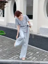 セットアップ 2点セット レディース フレンチ風 オープンワーク トップス ワイドパンツ ライトブルー カジュアル フェミニン きれいめ 上品 夏