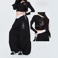 ダンス用ローズ模様ジャズスタイル長袖トップスとハイウェストパンツ（セットアップ対応）