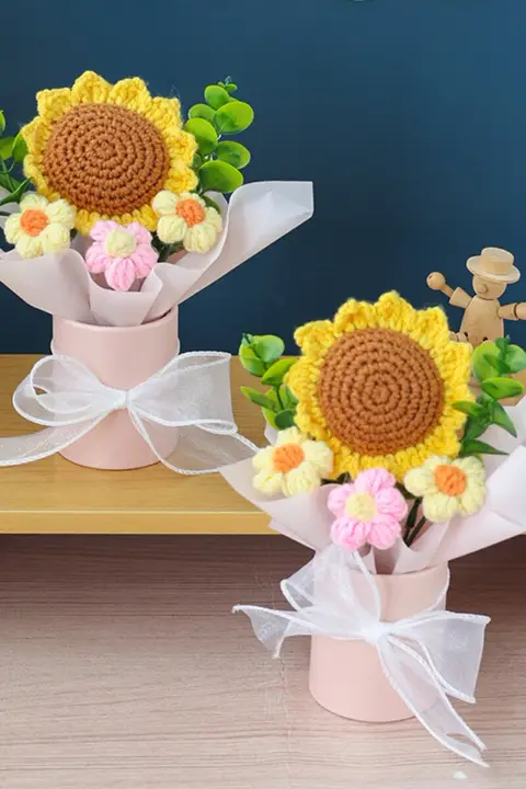 手作りかぎ針編みひまわりの小花バケツ【創意ギフト・園児用・実用的】