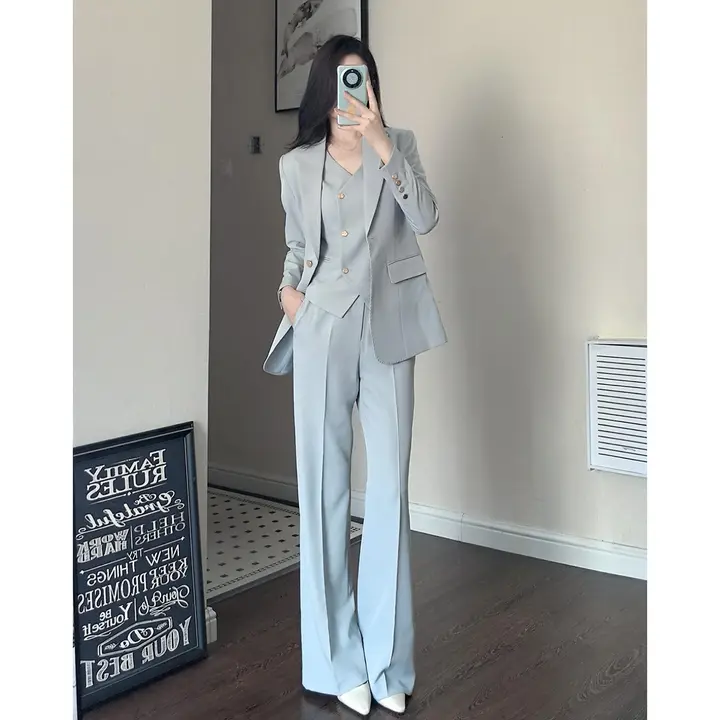 清涼感のある洗練されたデザイン！西洋風のジャケットベストとワイドパンツ【三点セット（セットアップ対応）】